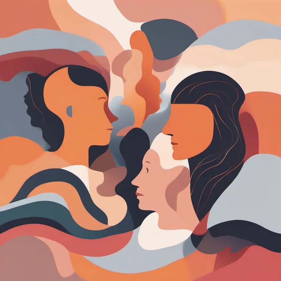 Overlapping stylized faces in warm orange, muted blue, and beige tones appear against a flowing abstract background