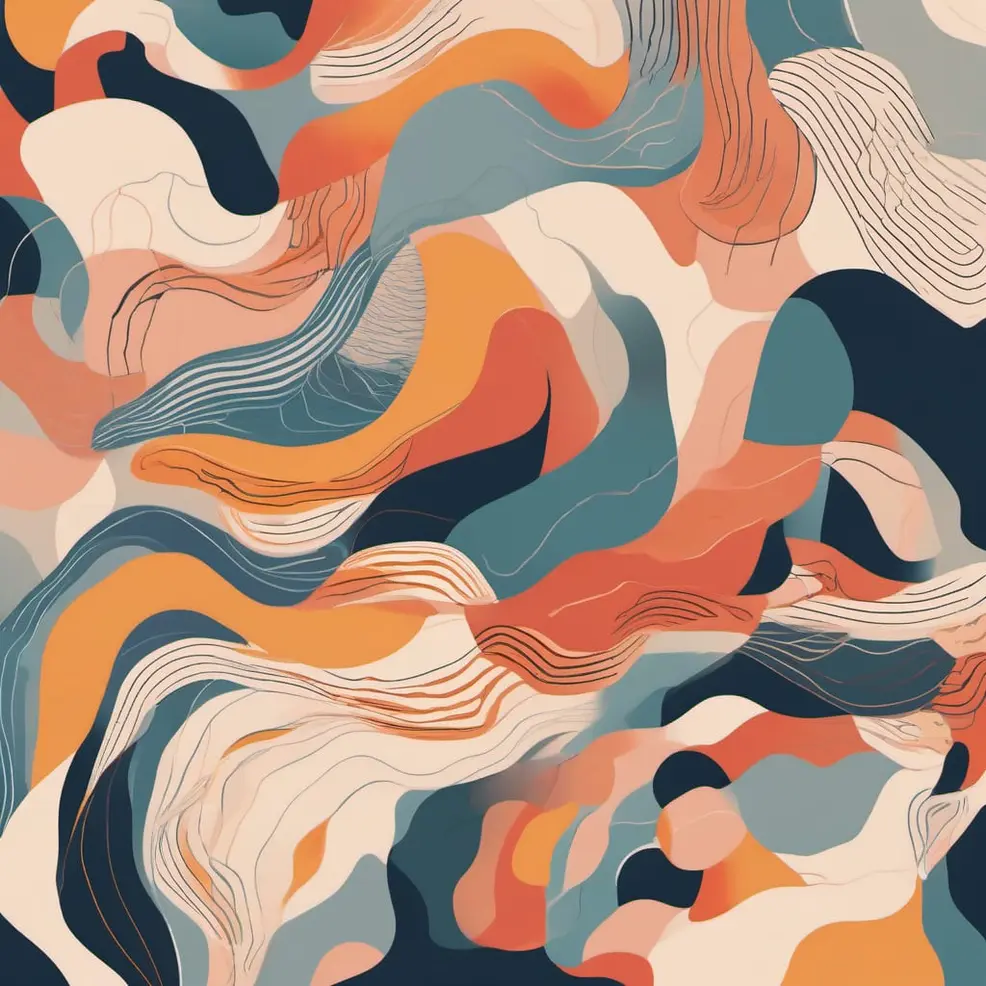 Flowing organic shapes in orange, blue, beige, and black with delicate linear details layered throughout