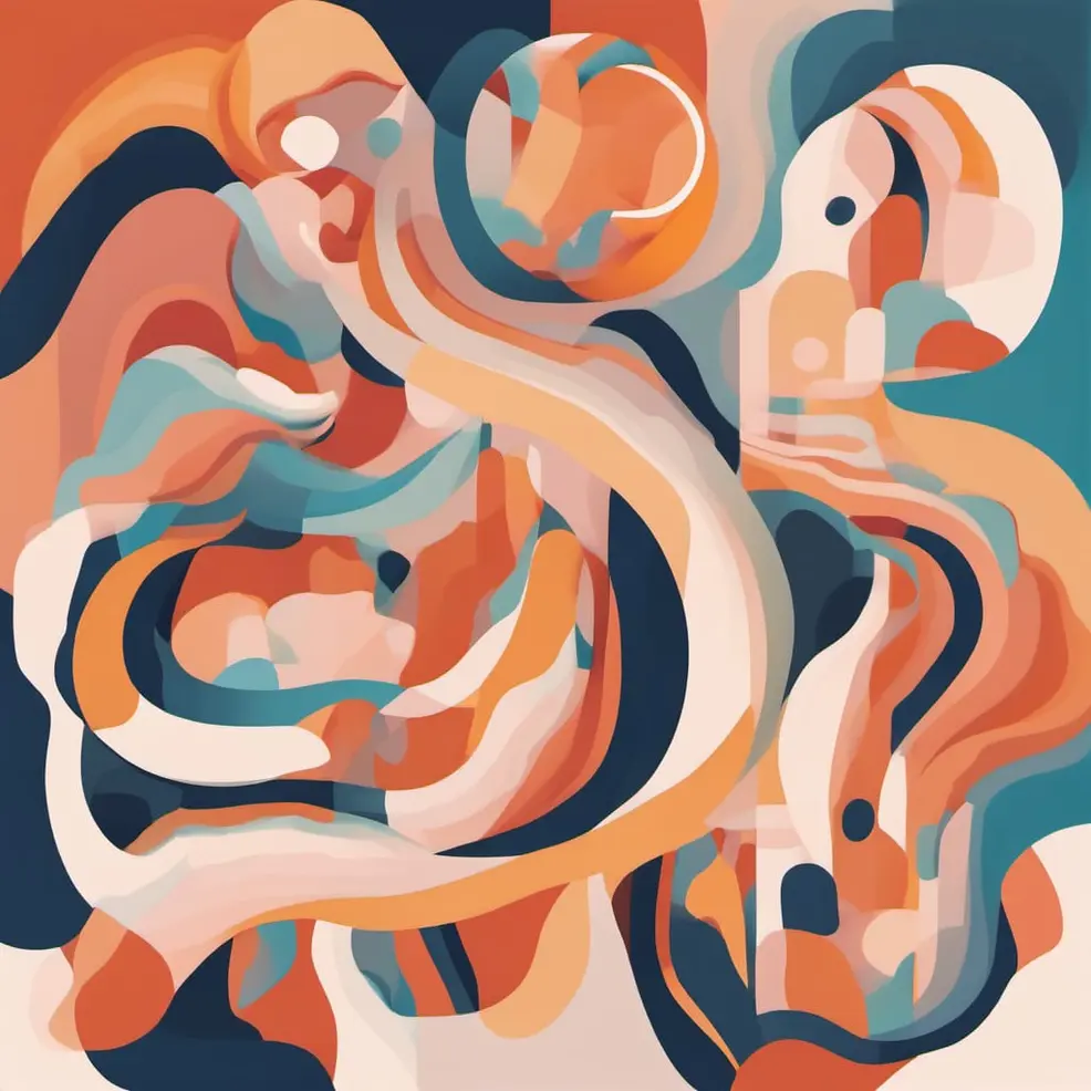 Swirling abstract forms in orange, blue, peach, and cream float against a warm-toned background