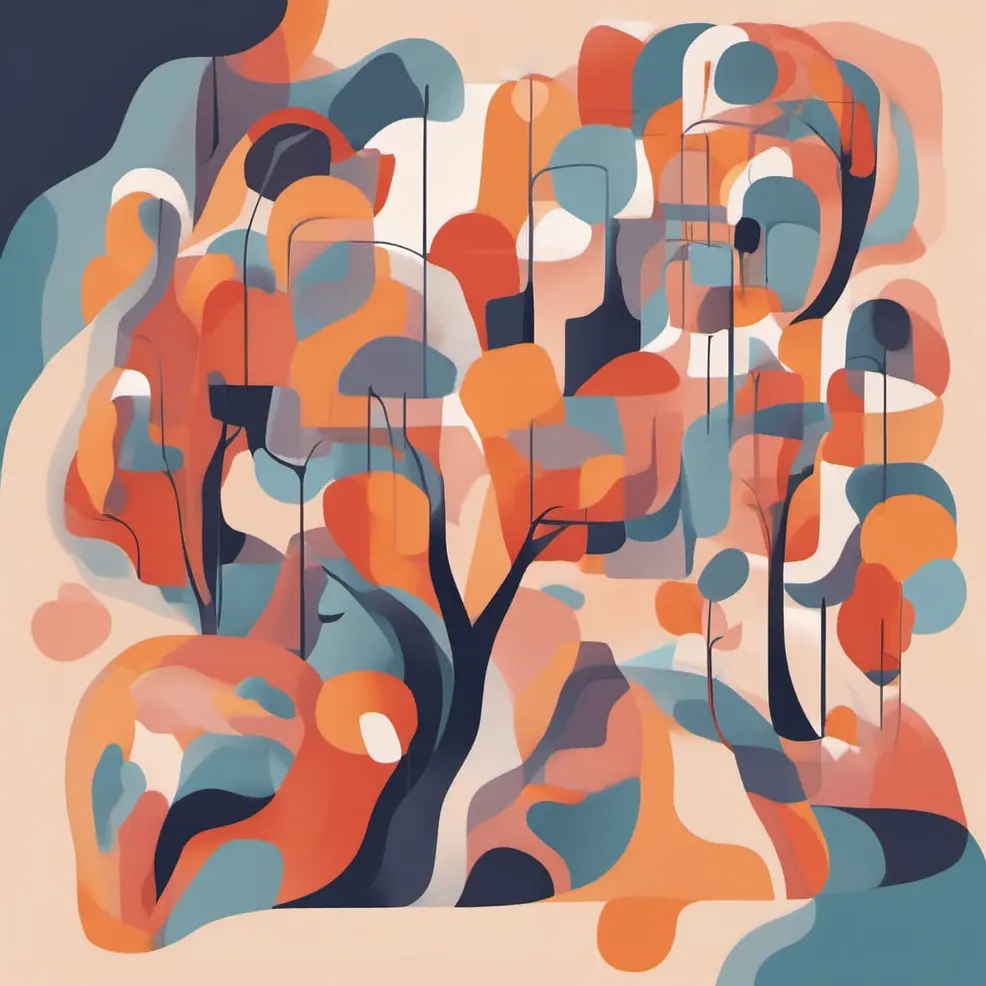 Abstract trees with rounded forms in orange, blue, and beige stand against a softly colored background