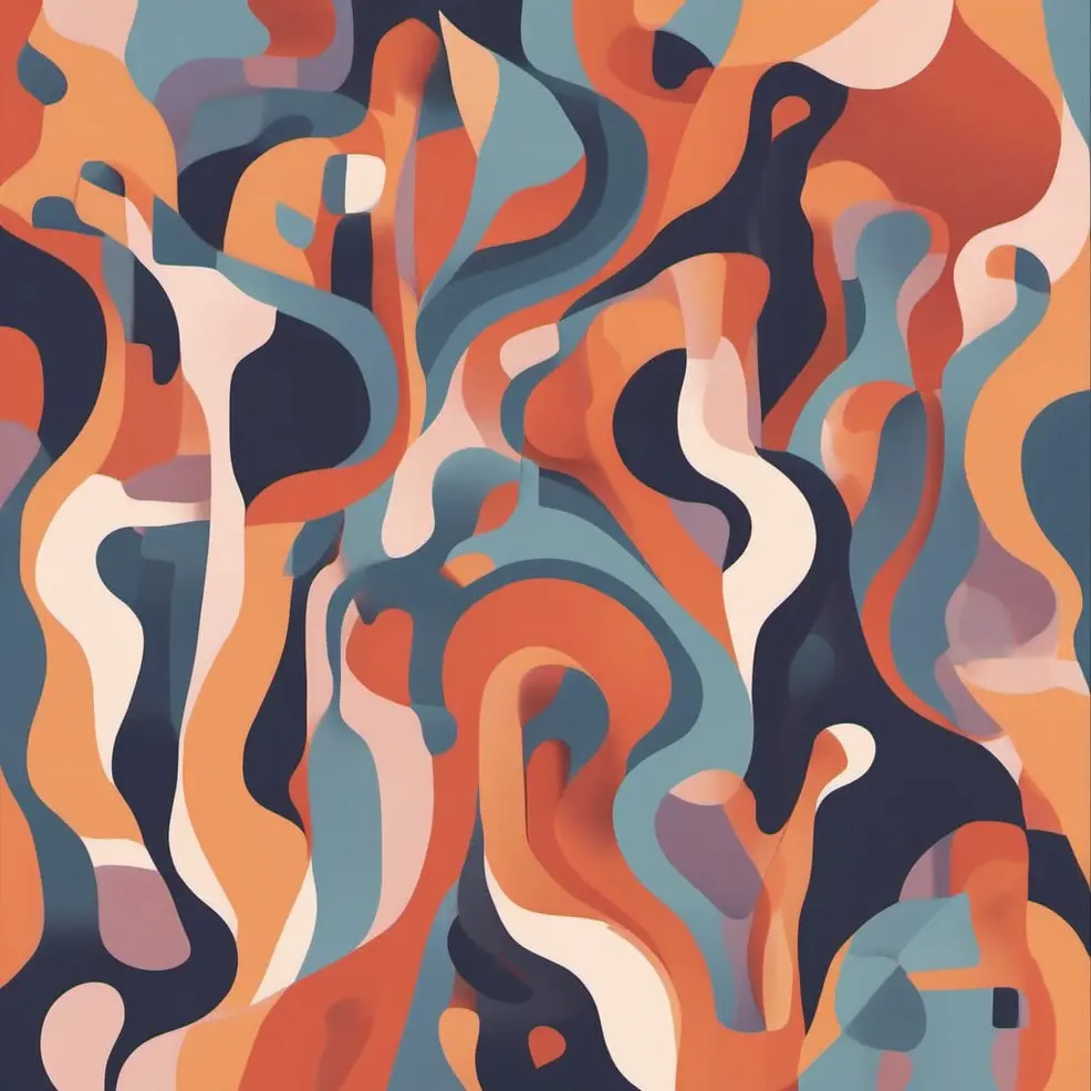 Flowing, organic shapes in orange, blue, beige, and dark grey span a square background