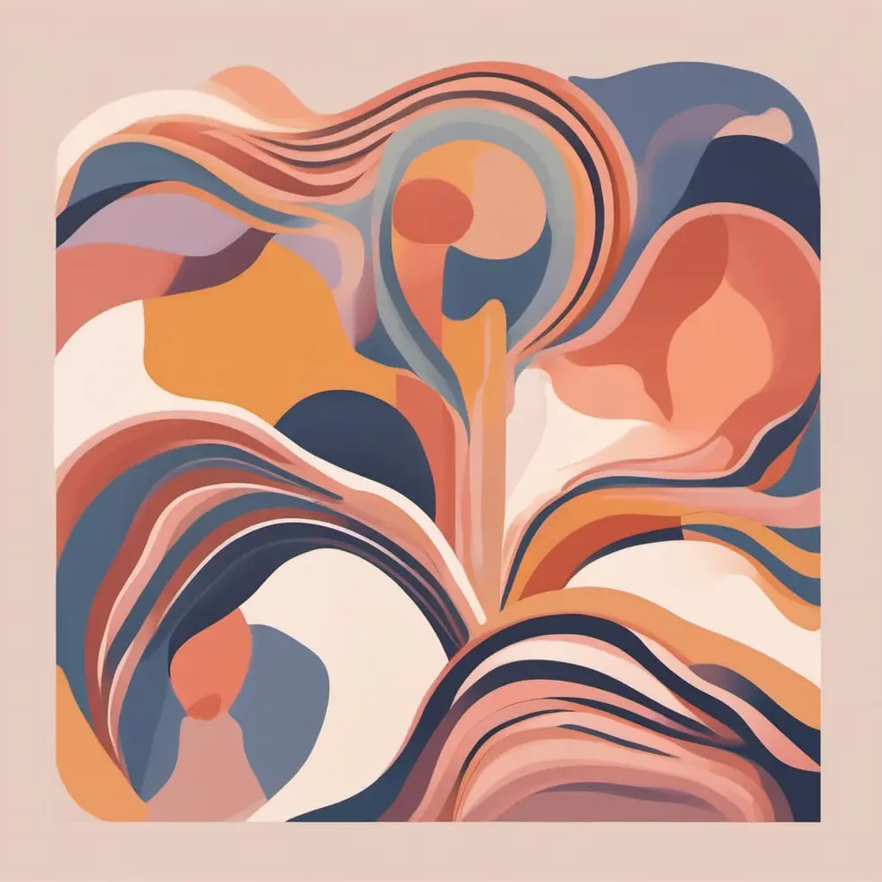 Swirling abstract shapes in orange, blue, peach, and white float against a light beige background