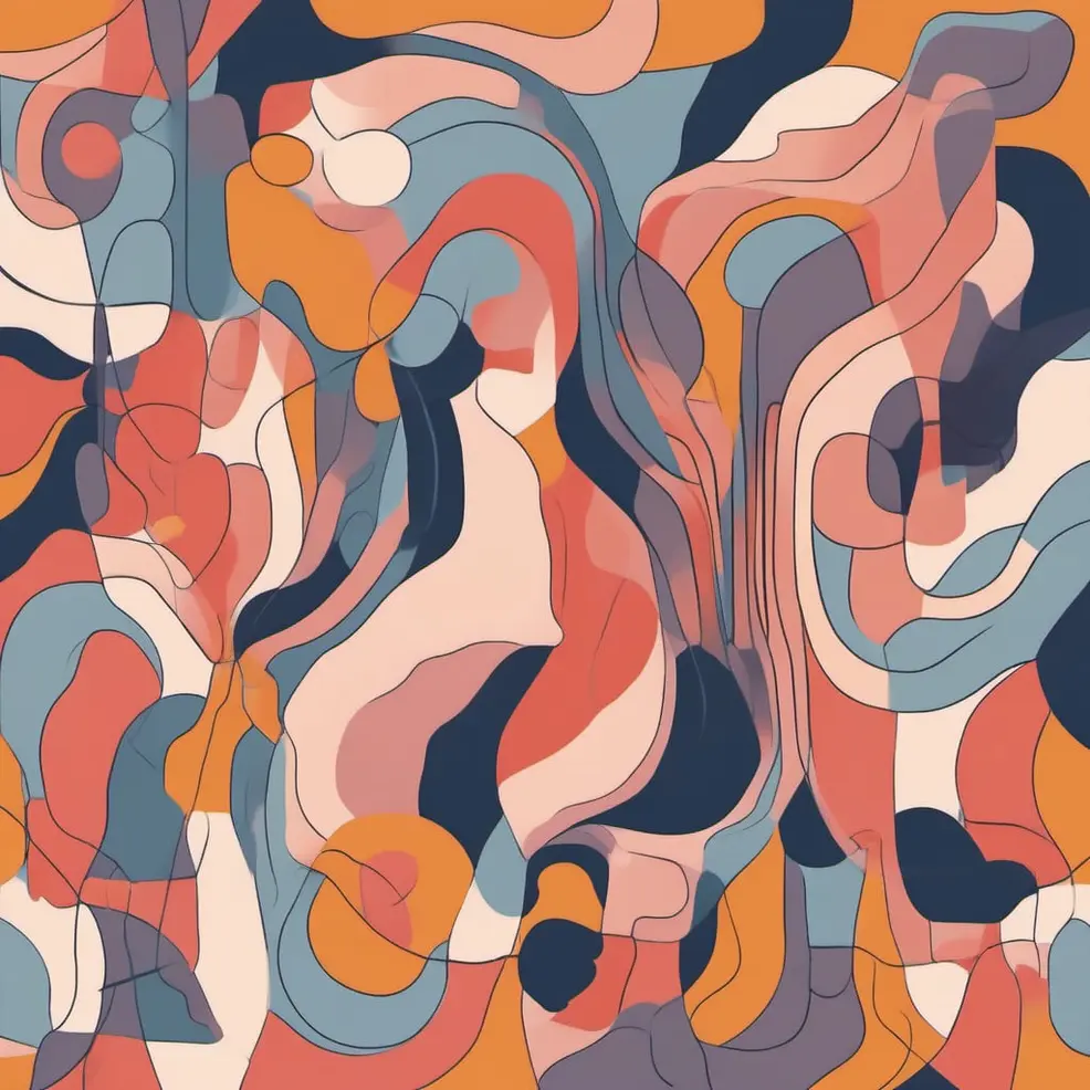 Overlapping abstract shapes in orange, blue, pink, and cream form a flowing, organic pattern across the surface