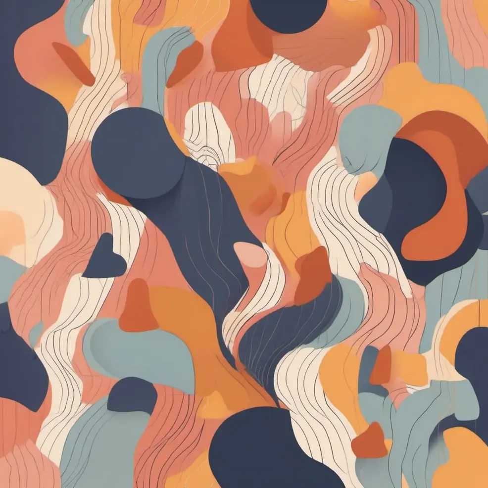 Overlapping organic shapes in orange, blue, peach, and cream with wavy lines throughout