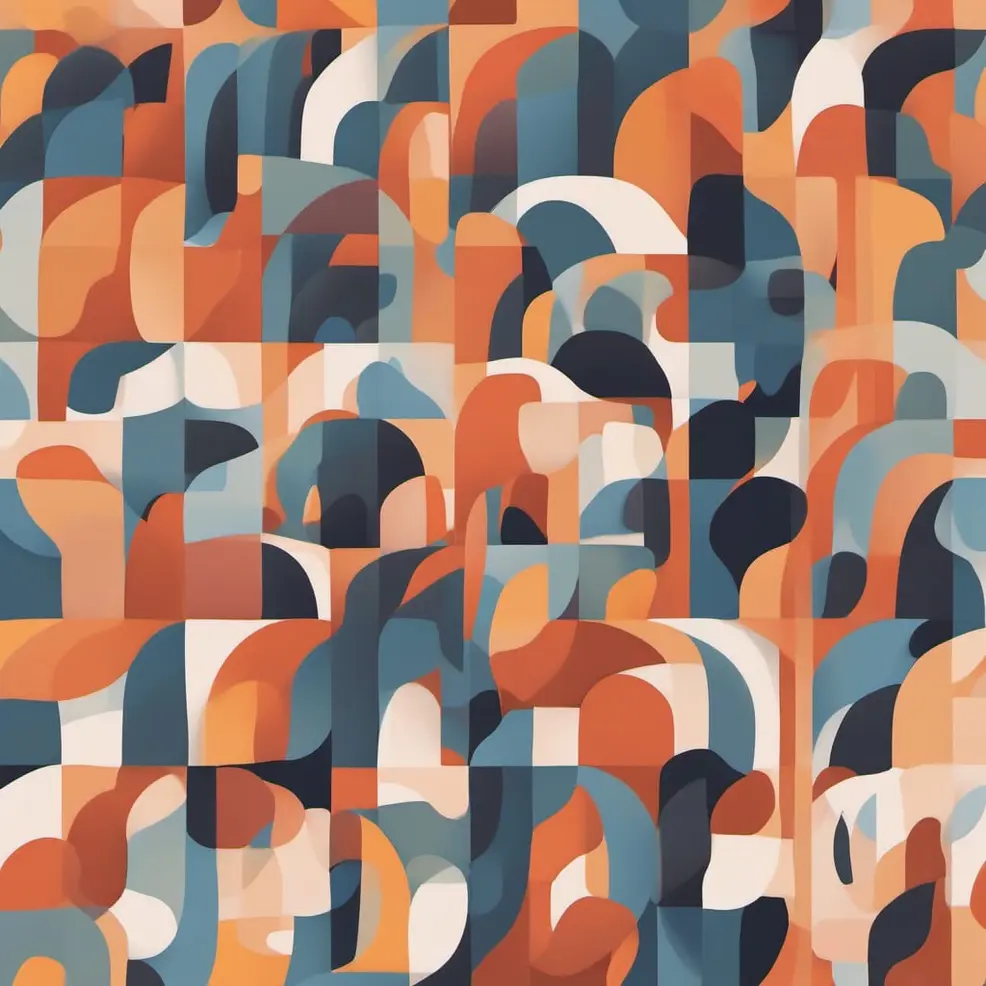 An abstract pattern of overlapping rounded rectangles in orange, blue, white, and dark grey