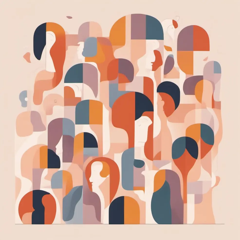 Overlapping abstract shapes in beige, orange, blue, and brown form a crowd of faces on a light background