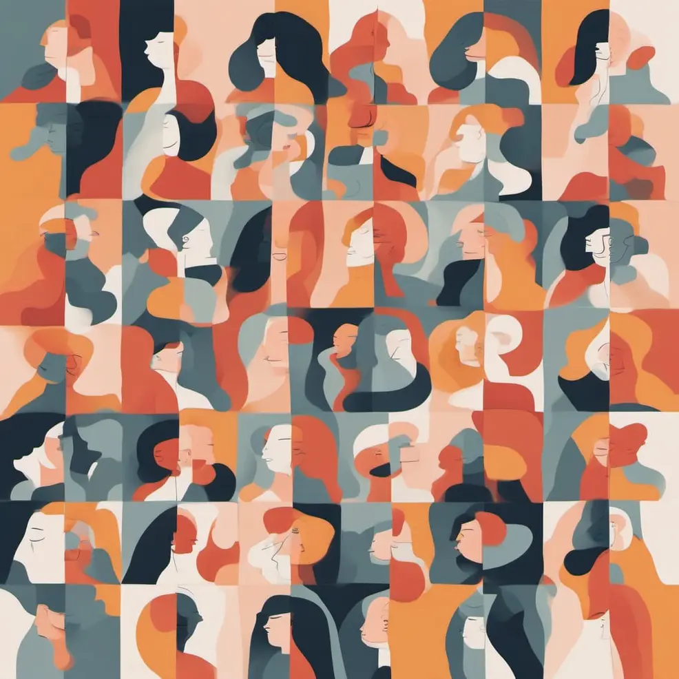 A repeating pattern of square tiles each showing stylized female profiles in orange, blue, beige, and dark brown