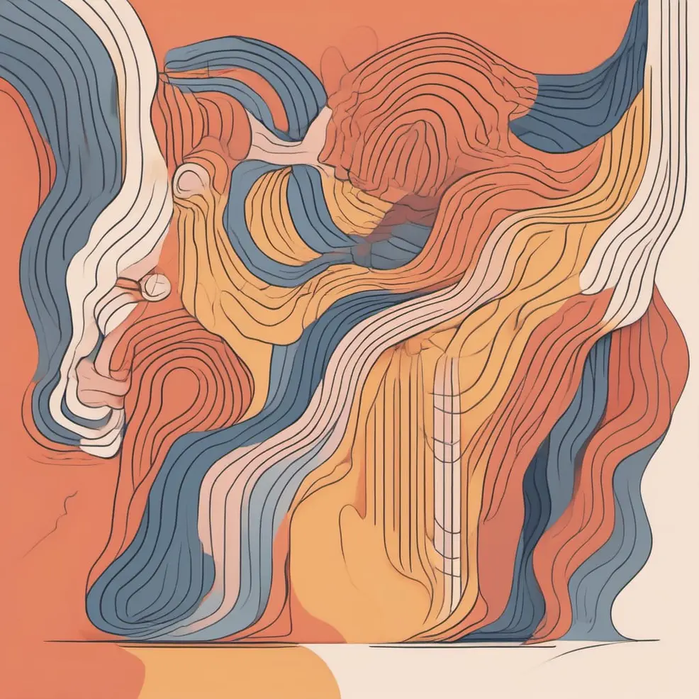 Flowing, wavy lines in orange, blue, beige, and yellow span a warm-toned background with a light border