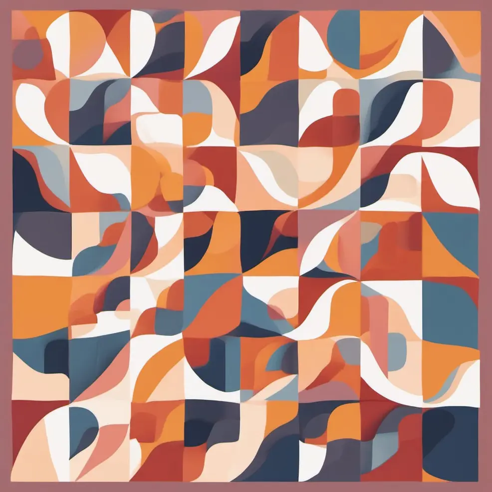 A repeating pattern of abstract, curved shapes in orange, blue, beige, and red is set against a reddish-brown border