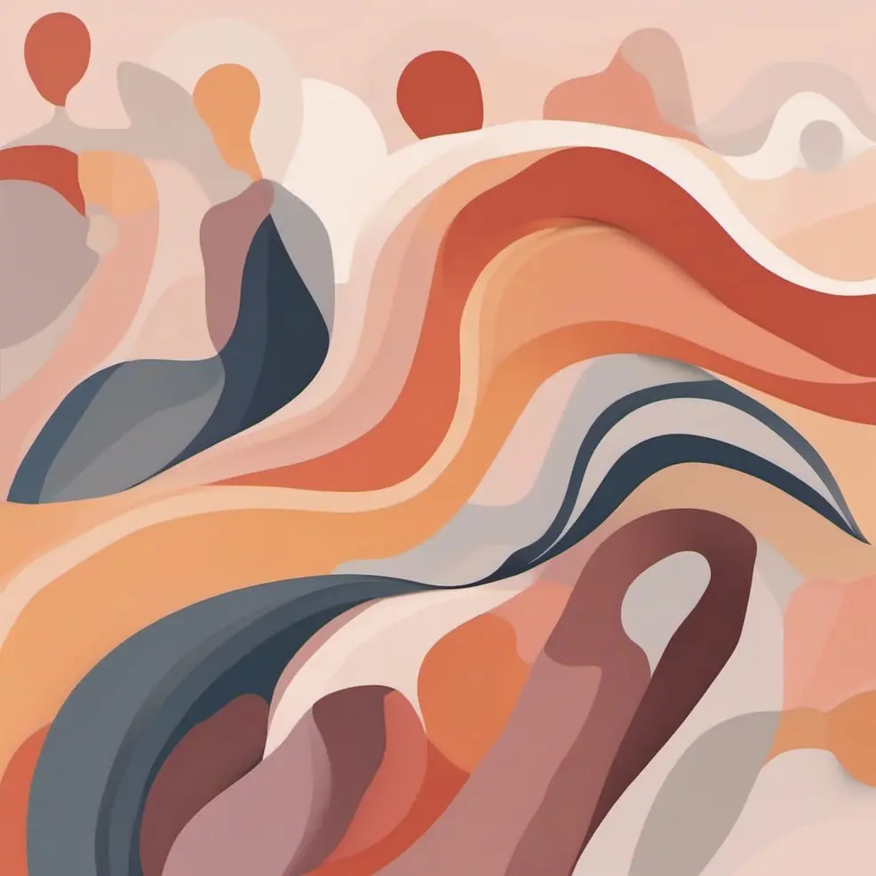 Flowing curves and layered shapes in orange, grey, white, and muted blue sit against a pale peach background