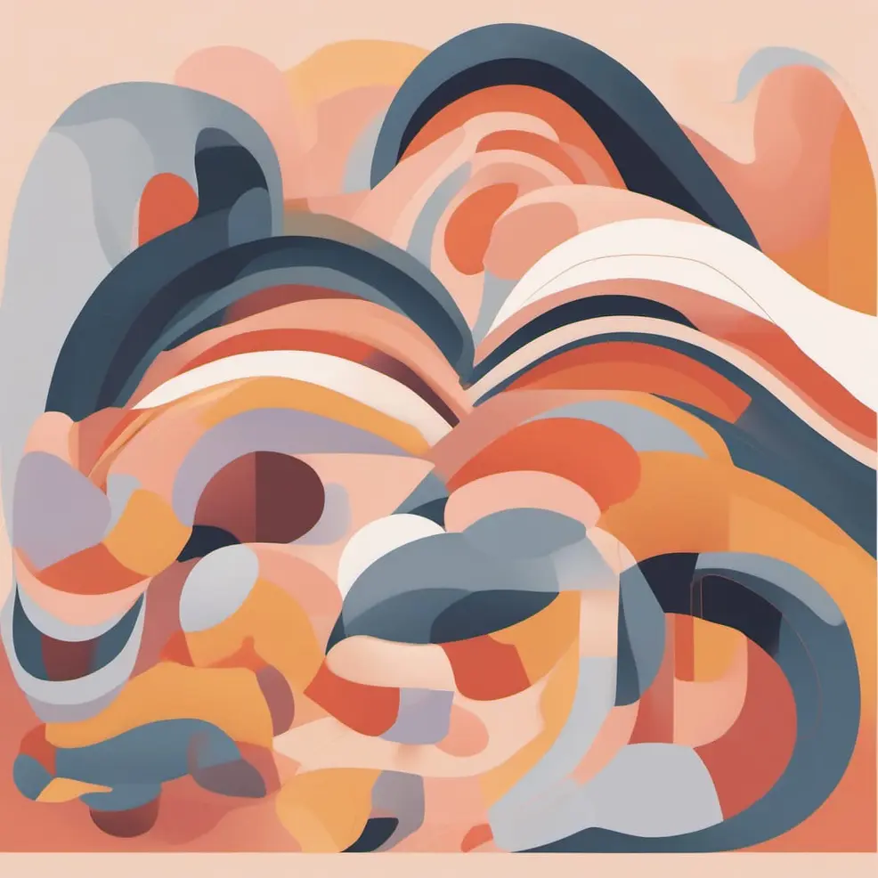 Overlapping curved shapes in orange, grey, blue, and peach float against a pale pink background