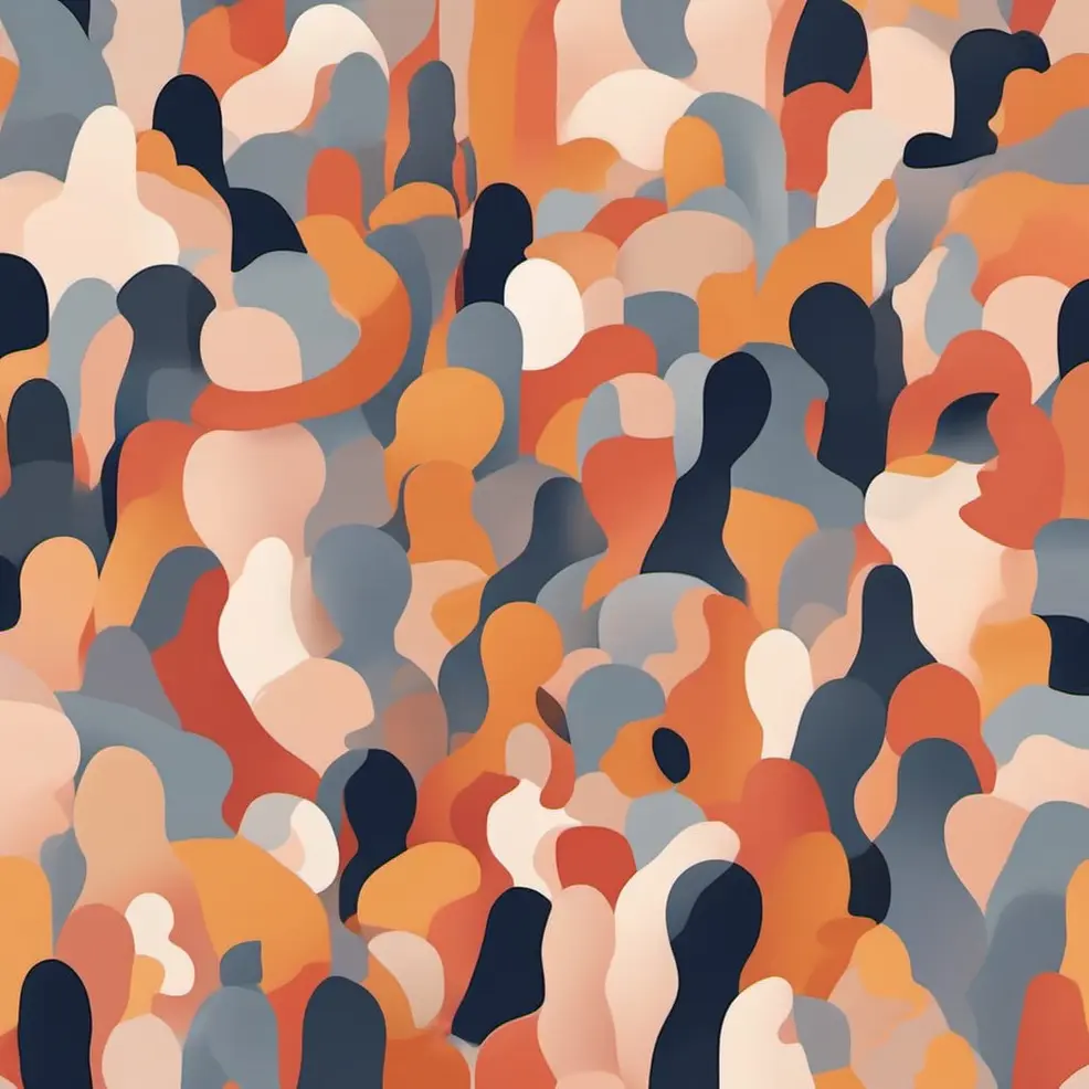 Overlapping organic shapes in orange, grey, beige, and dark blue form an abstract composition