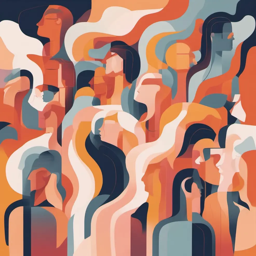 Overlapping abstract faces in orange, blue, white, and brown float against a similarly colored background with curved shapes
